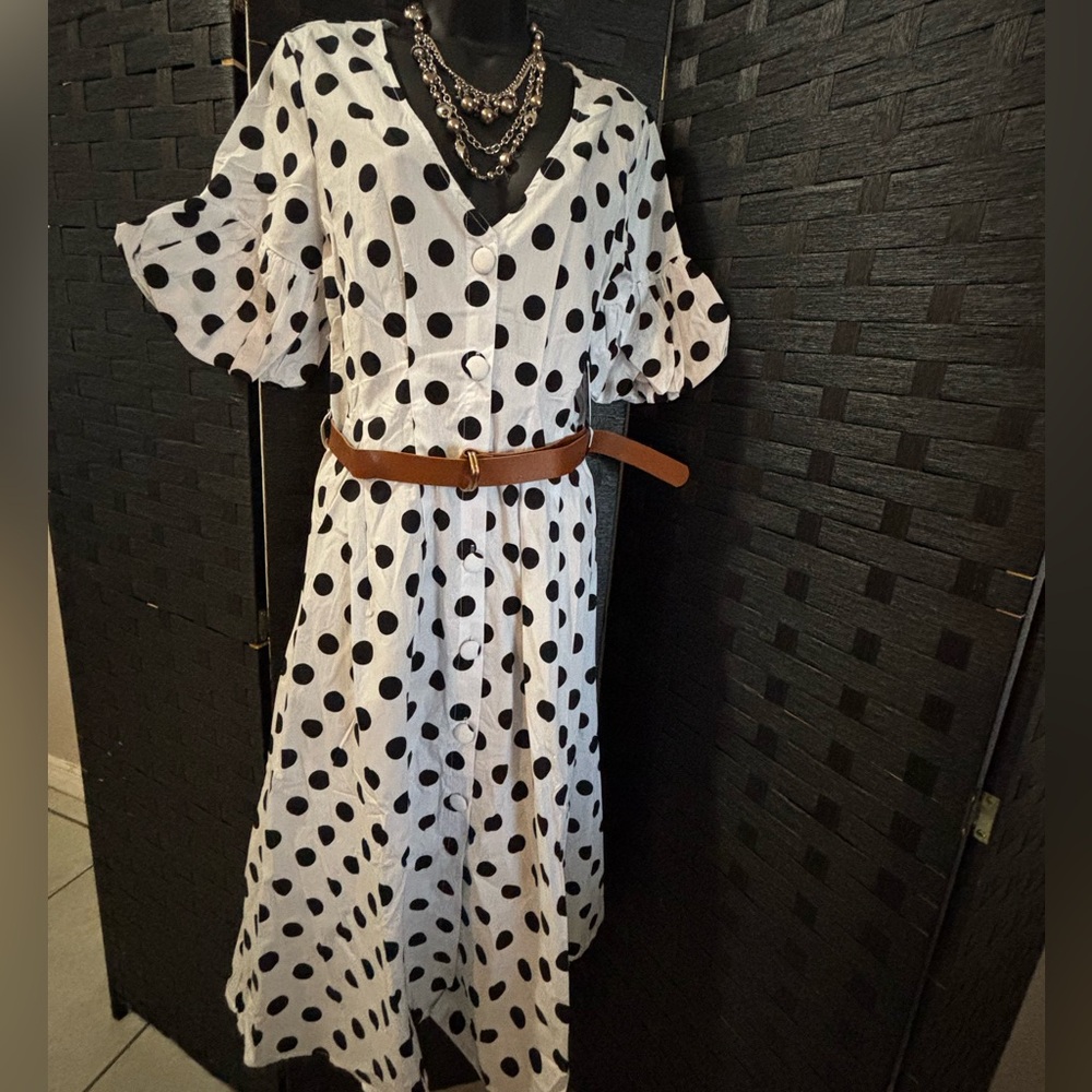 Polka Dot V-Neck Dress with Belt
